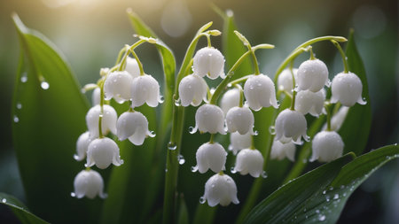 AI Generated. Peaceful Lily of the Valley Cluster in Morning Dewの素材