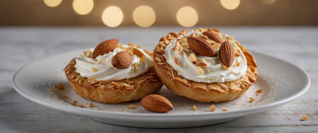 AI Generated. Three almond pastries with whipped cream on topの素材