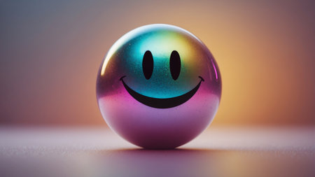 AI Generated. Colorful iridescent smiley face sphere on a soft gradient backgroundの素材