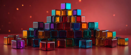AI Generated. Stacked colorful cubes on red backgroundの素材