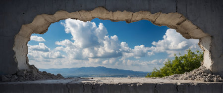 AI Generated. Hole in concrete wall with view of blue sky and cloudsの素材
