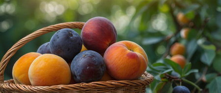 AI Generated. Assorted Ripe Stone Fruits in a Wicker Basket Healthy and Natural Produce Conceptの素材