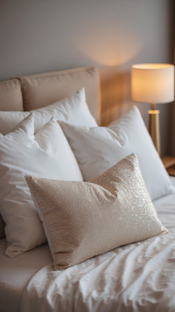 AI Generated. white comfortable pillow on bed decoration interiorの素材