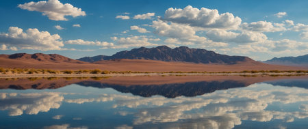 AI Generated. Desert landscape reflected in water under blue sky with cloudsの素材