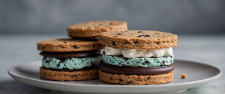 AI Generated. Delectable Ice Cream Sandwiches with Chocolate Chip Cookies on Minimalist Plateの素材