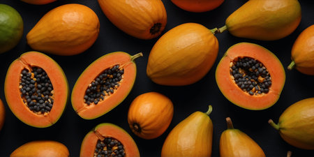 AI Generated. flat lay top view of of papayas fruit on black surface backgroundの素材
