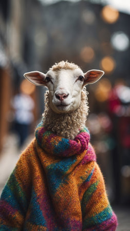 AI Generated. Stylish sheep wearing sunglasses and colorful knitwearの素材