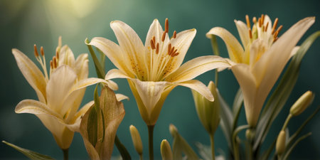 AI Generated. An image of stucco lilies with golden leaves and buds on a bright green backgroundの素材