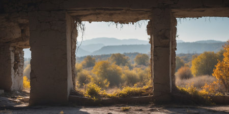 AI Generated. a hauntingly beautiful scene of an abandoned ruin overtaken by natureの素材