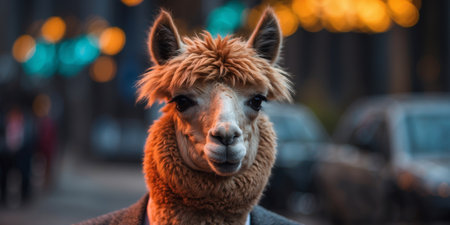 AI Generated. A cool alpaca in a business suit in neon colorsの素材