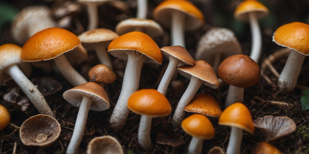 AI Generated. Overhead flat lay view of different varieties of mushroom and fungiの素材