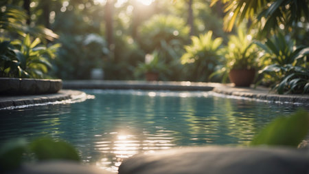 AI Generated. Serene Morning Swim in a Peaceful Tropical Pool with Gentle Ripples and Lush Foliageの素材