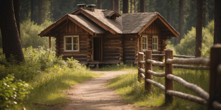 AI Generated. Charming rustic wooden cabin in forested countryside with wooden fence on a sunny dayの素材