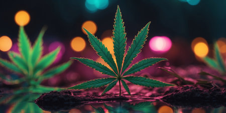 AI Generated. Neon Cannabis Leaf in a Psychedelic Jungleの素材
