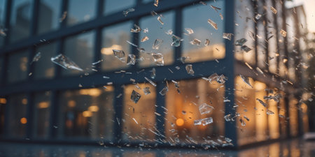AI Generated. A modern glass building with shattered windows and glass pieces flying awayの素材