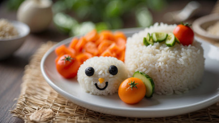 AI Generated. Cute rice dish with face and vegetable garnishの素材
