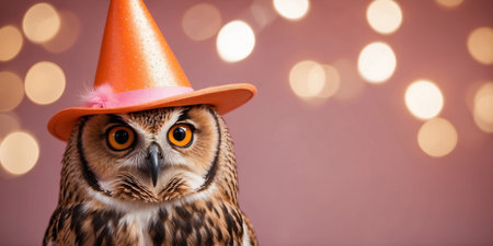 AI Generated. Cute owl wearing party hat in pink and orange backgroundの素材