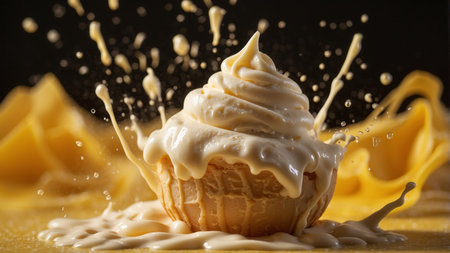 AI Generated. Vanilla ice cream cone splashing in milk on a yellow backgroundの素材