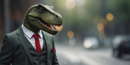 AI Generated. A Green Dinosaur Wearing A Suit And Tie In Front Of A Gray Backgroundの素材