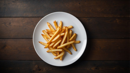 AI Generated. french fries on a white round plate on a dark wooden backgroundの素材