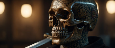 AI Generated. Traditional tattoo flash skull with a swordの素材