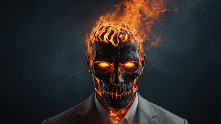 AI Generated. Display Startling a in Cranium Mans a From Emitting Flames Fiery Head, Burningの素材