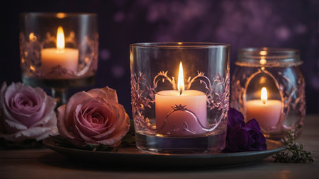 AI Generated. concept ambiance calm and Romantic lighting purple and pink soft decoration, floral with holder glass in candle Litの素材
