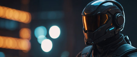AI Generated. A futuristic hero in a dark suit and helmet stands readyの素材