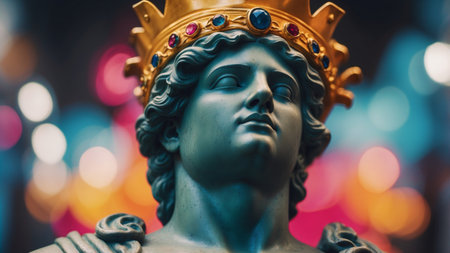 AI Generated. Colorful lighting on classical statue with a crownの素材