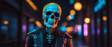AI Generated. Funky skeleton character with neon accessoriesの素材