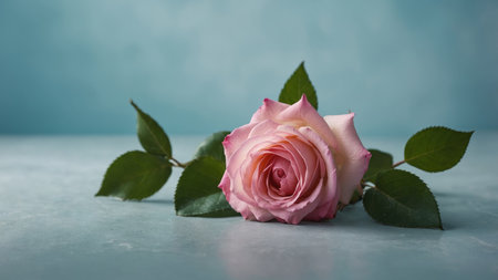AI Generated. Elegant image of two pink roses with green leaves on a light blue background, perfect for romantic occasions and floral themes with copy space summer conceptの素材