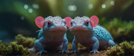 AI Generated. Two axolotls, a type of salamander, are smiling at each otherの素材