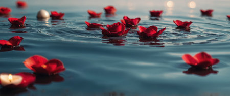 AI Generated. Spa scene with red rose petals in water Romantic, spa or beauty background Minimal nature compositionの素材