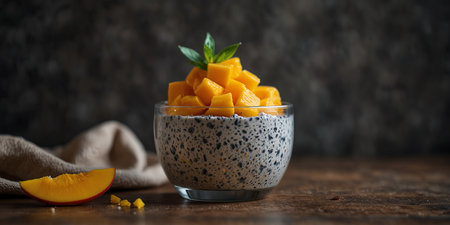 AI Generated. Chia pudding topped with fresh mango pieces in a copy space imageの素材