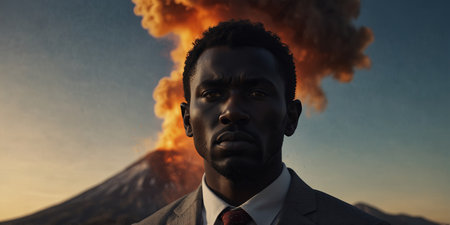 AI Generated. A dramatic man's face silhouette, with a powerful volcano erupting from his head, symbolizing explosive ideas and creativityの素材
