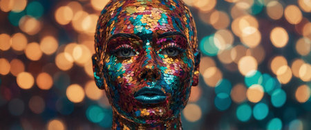 AI Generated. Mannequin head fully covered in multicolored sequins evokes thoughts of identity and expressionの素材