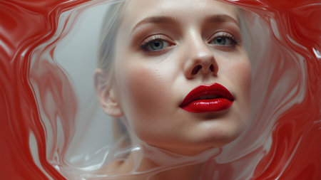 AI Generated. Woman's face with red lips framed by liquid red plasticの素材