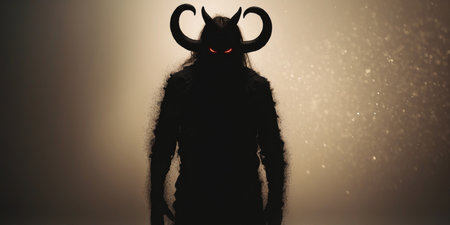 AI Generated. Ominous Dark Silhouette Demon Lurking Ominously on Ivory Backgroundの素材