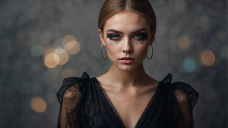 AI Generated. Young lady in black dress and with artistic make upの素材