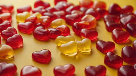 AI Generated. Many heart shaped red jelly candy on yellow backgroundの素材