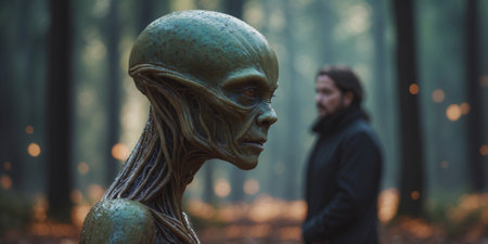 AI Generated. Alien encounter in the heart of the forest a mysterious meeting that merges the unknown with the familiarの素材