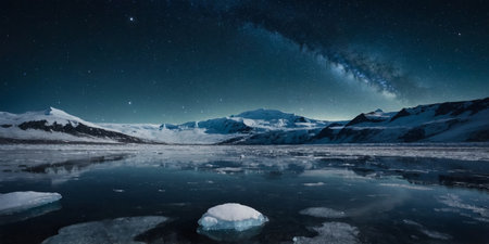 AI Generated. Vatnajokull Glacier with snow under sky with many sparkling stars and Milky Wayの素材