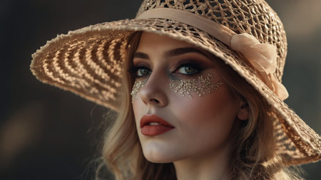AI Generated. Young lady with creative make up in vintage hatの素材