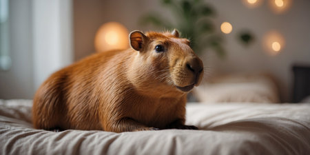 AI Generated. Capybara lounging on a cozy bed in a bright roomの素材