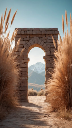 AI Generated. Minimalist Archway with Stone and Pampas Grassの素材
