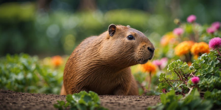 AI Generated. Capybara enjoying greens in a colorful gardenの素材