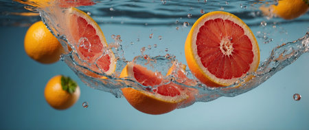 AI Generated. A Sliced Grapefruit Falling Through Water With Citrus Fruitの素材
