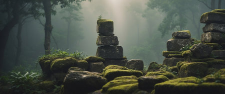 AI Generated. Ancient Stone Structures Overgrown by Lush Vegetation in a Misty Jungleの素材