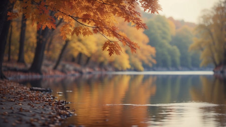 AI Generated. serene autumn landscape with colorful leaves and a peaceful riverの素材
