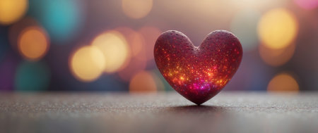 AI Generated. A heart is flying in the sky above a colorful backgroundの素材